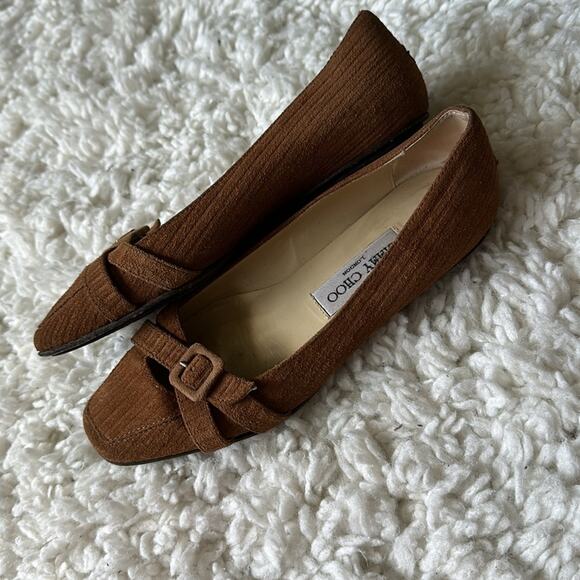 Jimmy Choo Suede Buckle Front Flat Loafers Nice Brown Neutral Textured - Picture 8 of 12